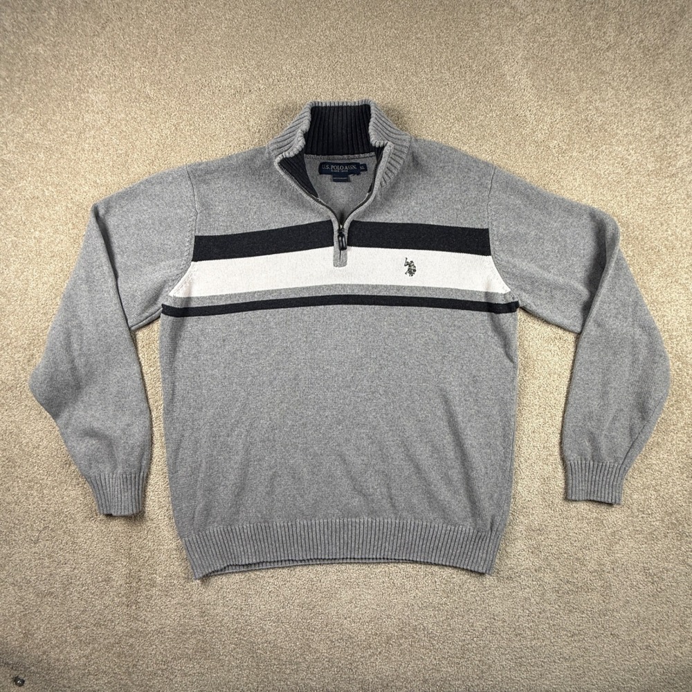 US Polo Assn Mens XL Quarter Zip Sweater Gray Black White Striped Pullover